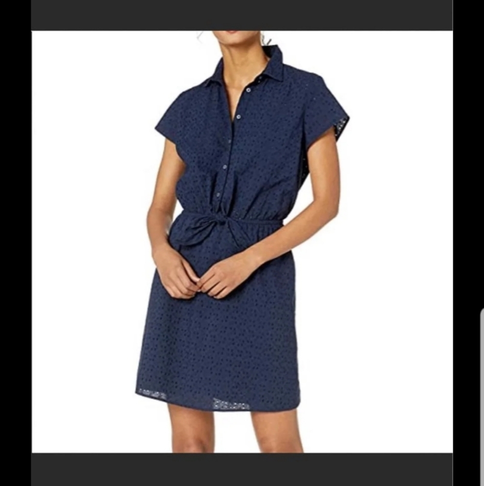 J CREW MERCANTILE blue eyelet tie elastic waist short sleeve cotton dress